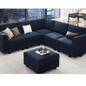 Modular Navy Blue Sectional Sofa with Ottoman