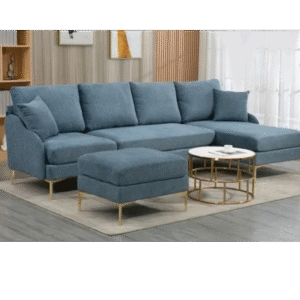 Sky Blue L-Shaped Sofa with Ottoman & Gold Legs
