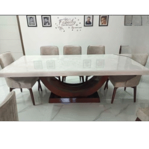 Rectangular White Marble 8-Seater Dining Table with Modern Wooden Base