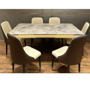 Rectangular Marble Finish 6-Seater Dining Table with Dual-Tone Chairs